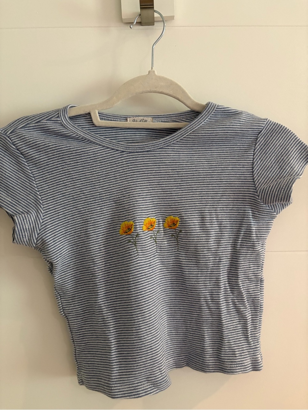 Brandy Melville Blue & White Striped Tee with Yellow Flower Embroidery